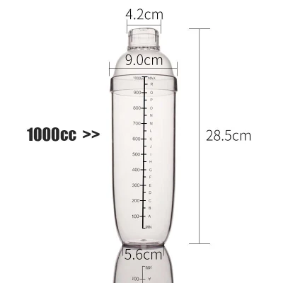 Shaker per cocktail in plastica di grande capacità da 1000 ml con logo personalizzato stampato